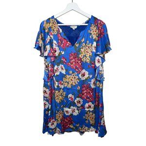 Umgee Blue Floral Boho Mini Dress Size Small Cottagecore Flutter Sleeve